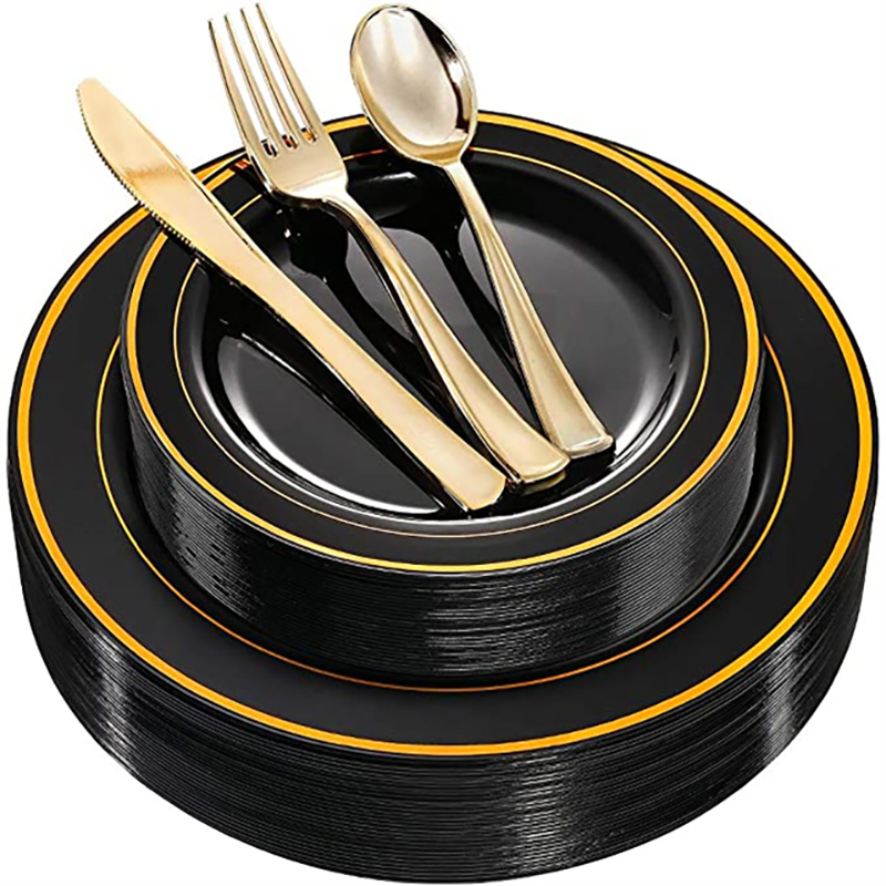 Disposable Plastic Gold Hot Stamp Party Dinnerware Set 25 Sets 7.5 and 10.25 Inch Plates Cup Cutlery