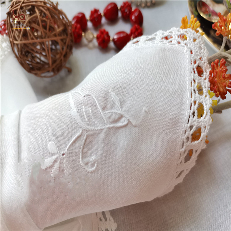 Natural Color Personalized Wholesale Woven Square Embroidery Hemstitch Lace Plain Cloth Custom Printed Cotton Table Napkins