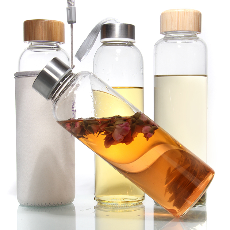 Popular Dishwasher Safe High Borosilicate Glass Juice Bottle with Bamboo Lid