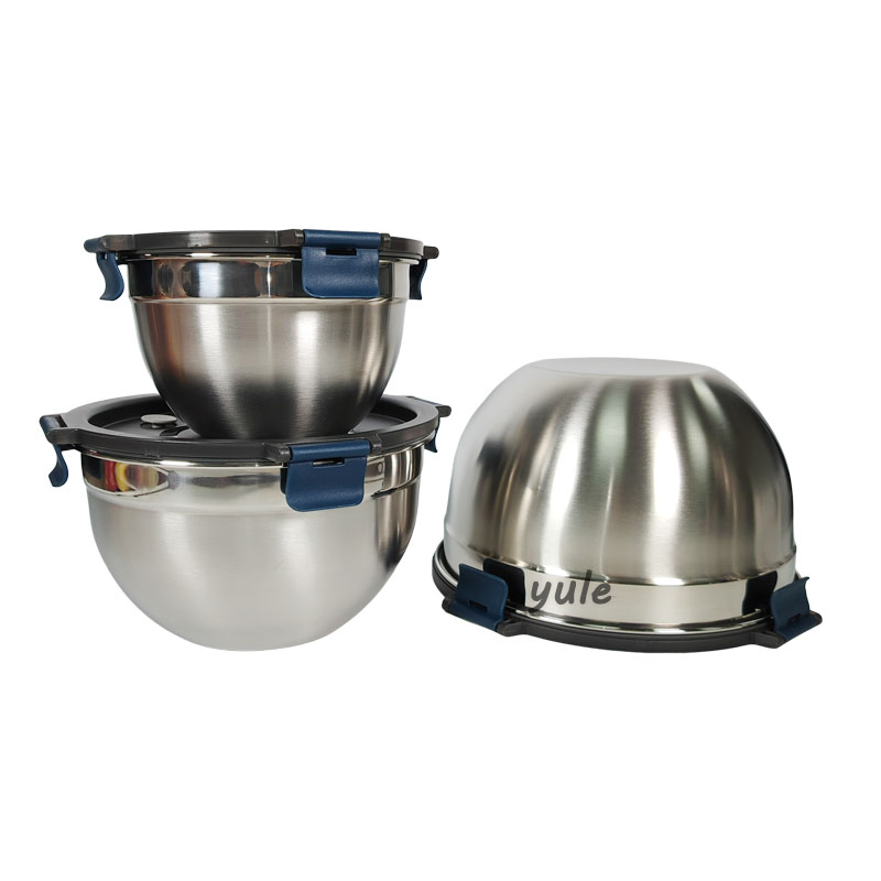 Chaozhou Factory Kitchenware Non-Slip Stainless Steel Salad Bowl Mixing Bowls with Seal Lid