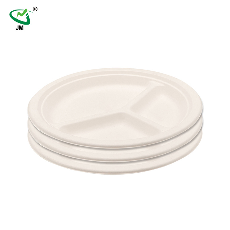 Eco-Friendly Party Wedding Dinner Plates Compostable 9 Inch 3 Compartment Round Disposable Plates