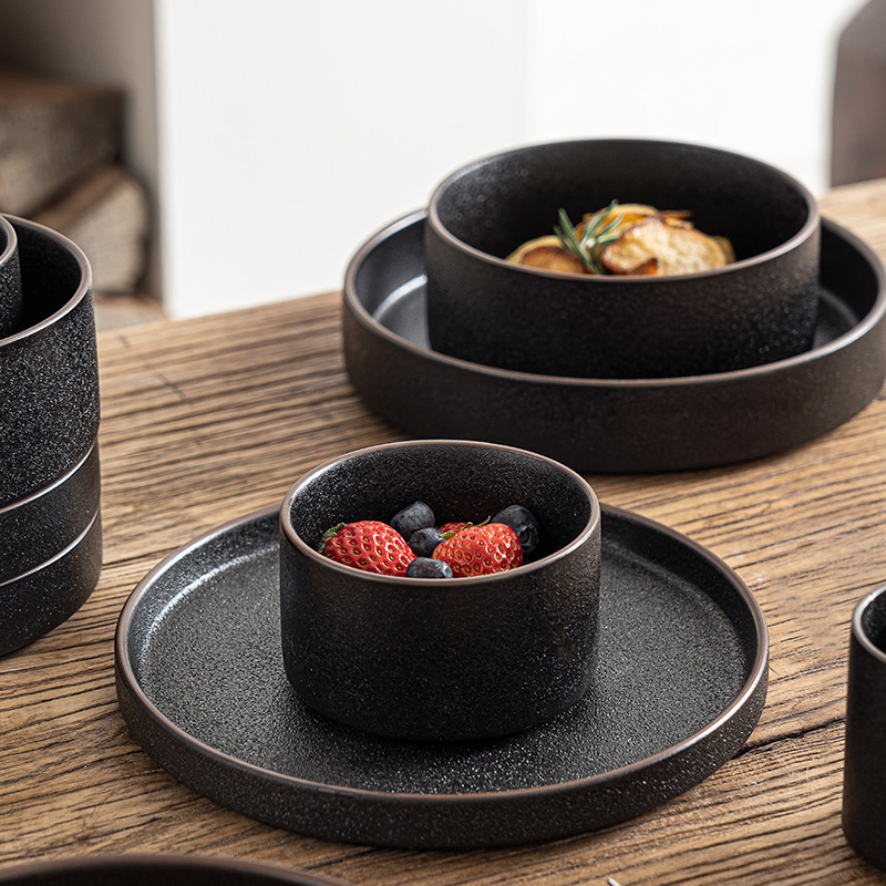 Nordic Dinner Tableware Black Ceramic Round Soup Rice Salad Bowl