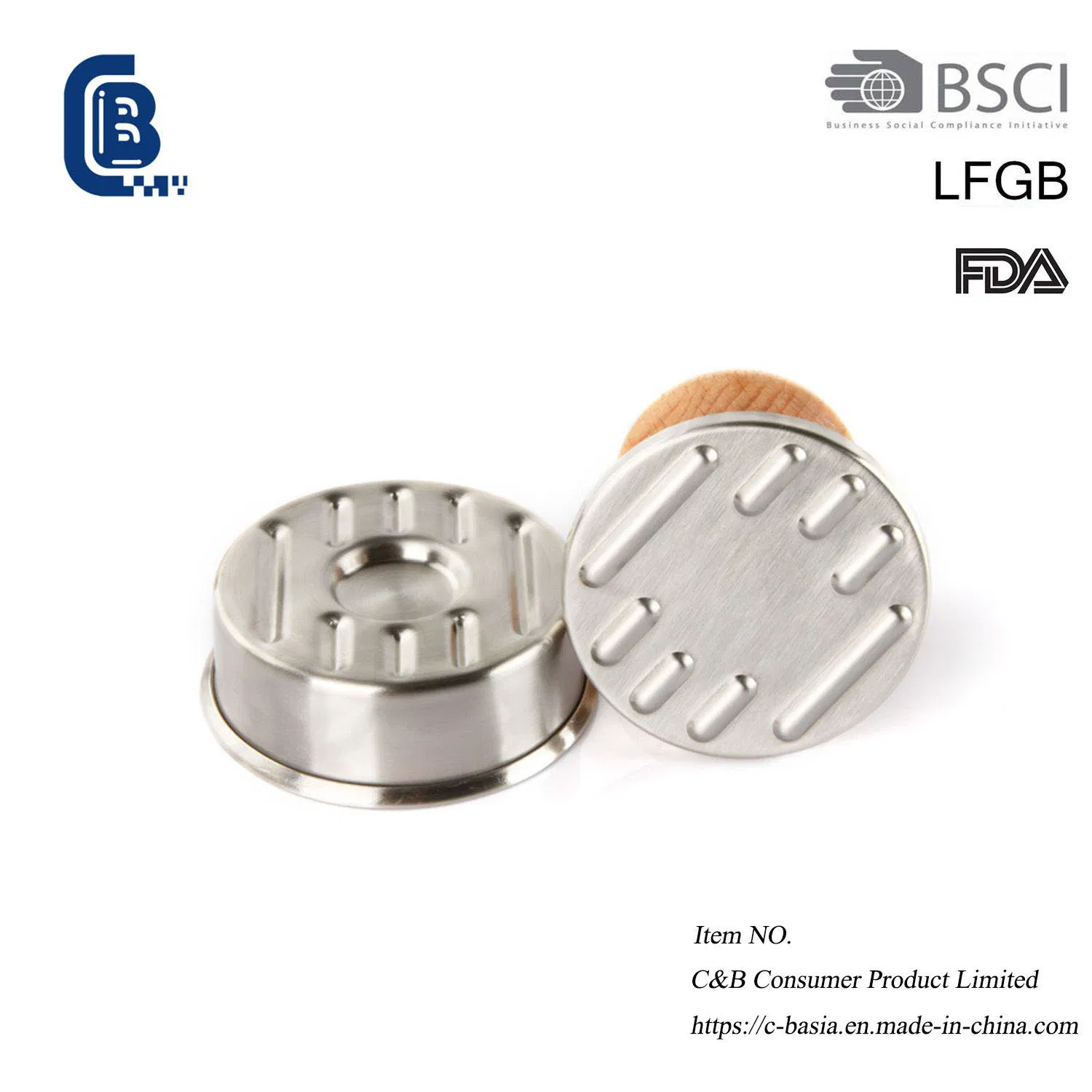 Durable Solid Wood Handle Stainless Steel Steak & Burger Patty Press (Logo Customizable)