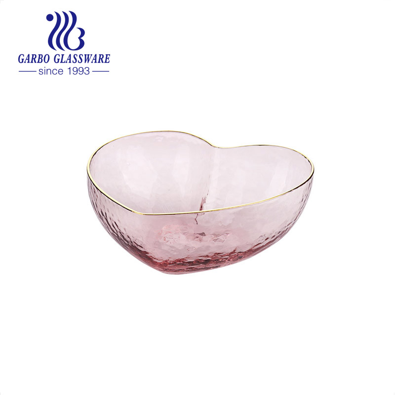 550ml Heart Shape Clear Crystal Glass Fruit Salad Sugar Bowl with Gold Rim for Wedding Decoration