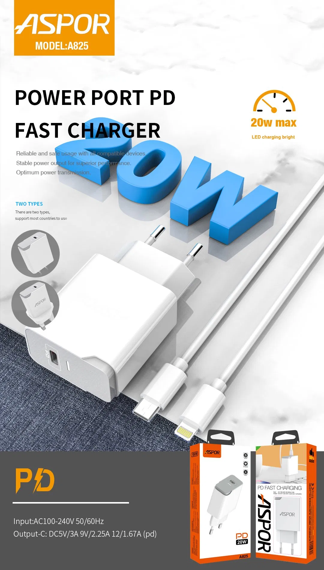 Aspor Hot Selling Brand 20W Pd Fast Charger EU/UK/Us Pin Power Battery Air Socket Output Container Weight
