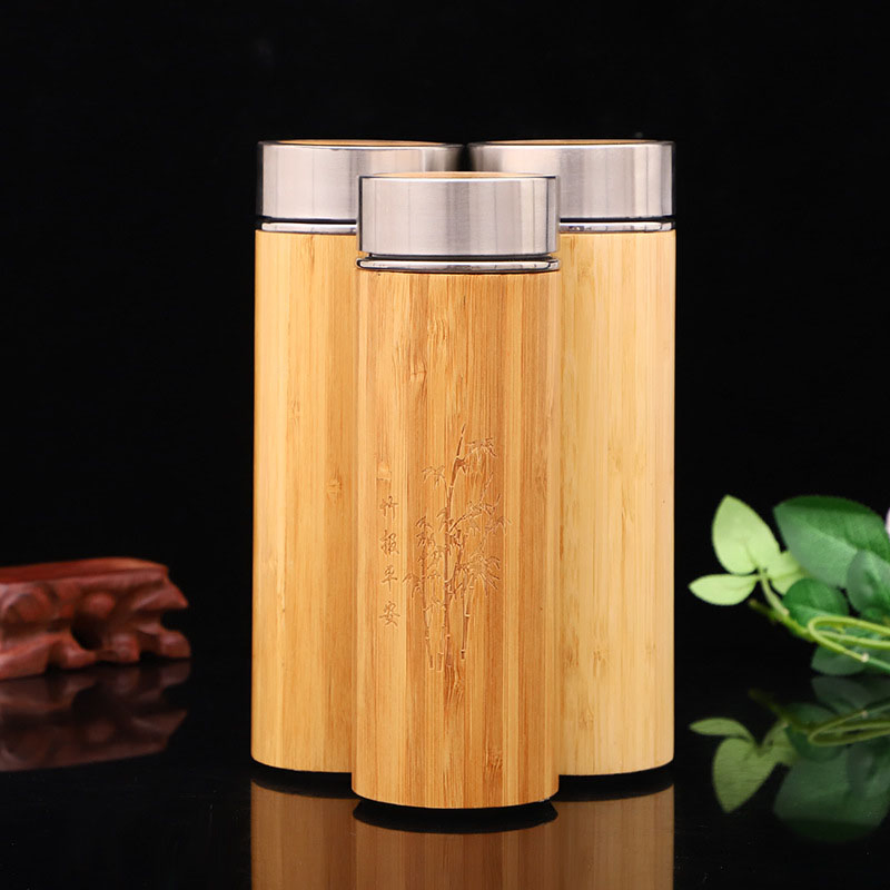 Bamboo Water Cup Vacuum Flask Water Bottle with Strainer Lid