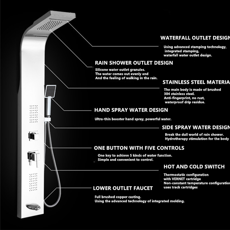 Stainless Steel Brushed Wall Mount Shower Panel Column Towers