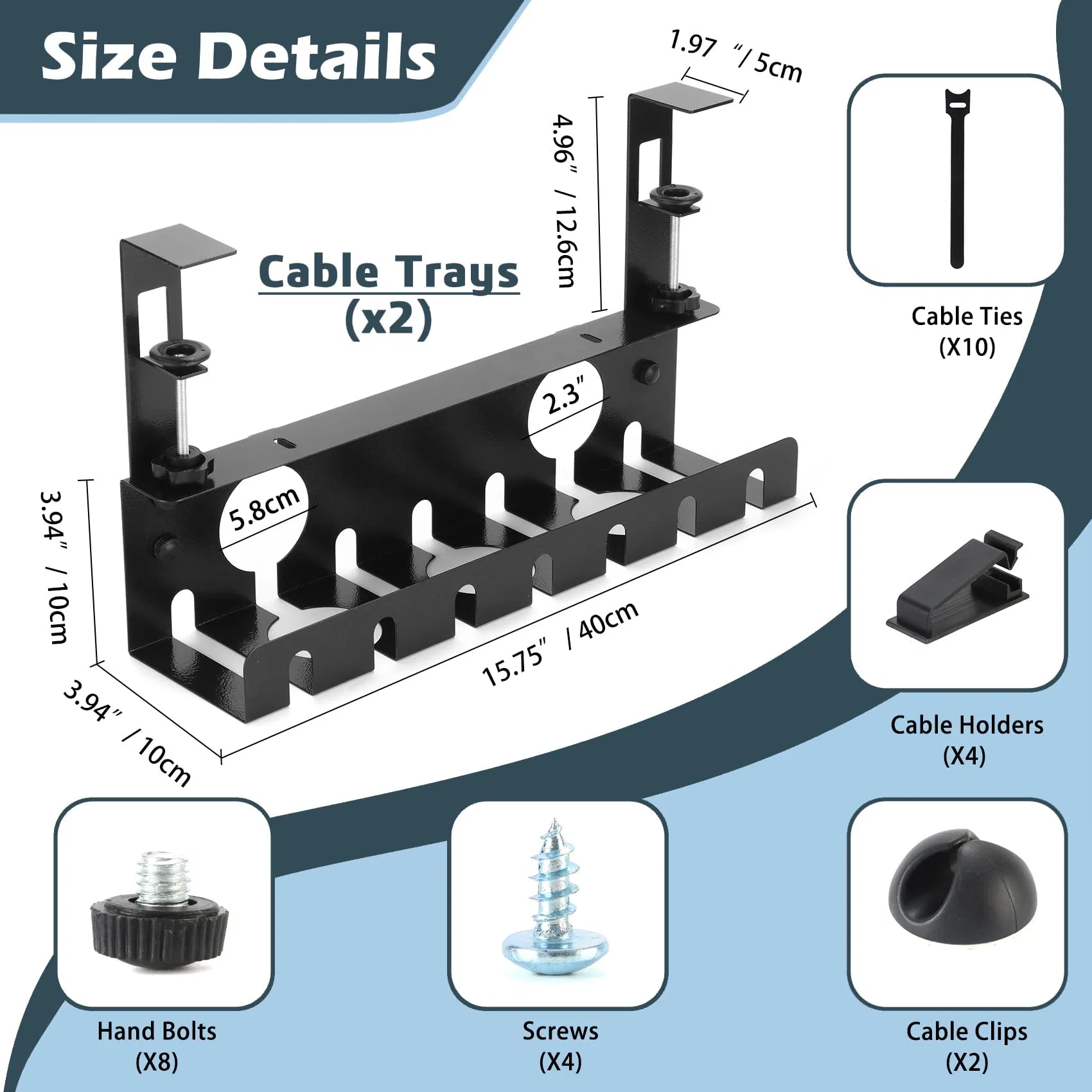 Under Desk Cable Management Tray 2 Pack Black, Home & Office Standing Desk Cord Organizer