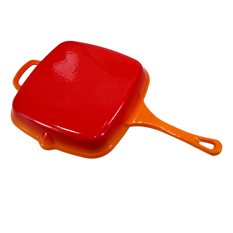 10.3'' Inch Enamel Cast Iron Steak Grill Griddle Pan Kitchenware Cookware Cooker Orange Color
