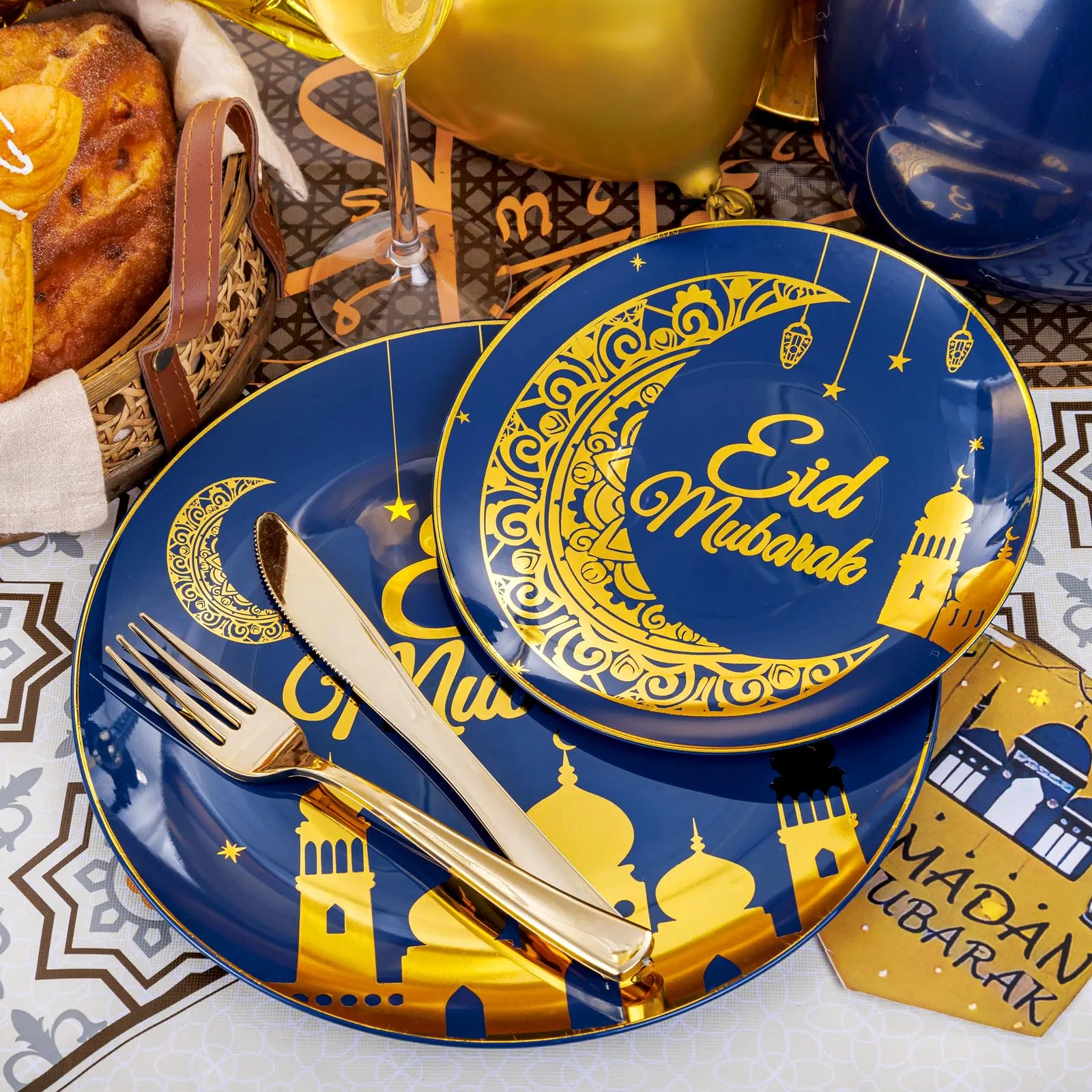 Nervure 125PCS Ramadan Plastic Plates - Eid Mubarak Plates - Blue Gold Plates Include 50PCS Plates 25PCS Spoons 25PCS Forks 25PCS Knives for Ramadan Mubarak Tab