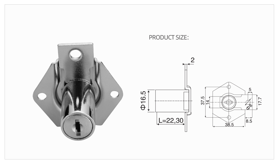801-D16xL22 High Quality Drawer Lock for Furniture Desk Drawer with 2 Screw Holes