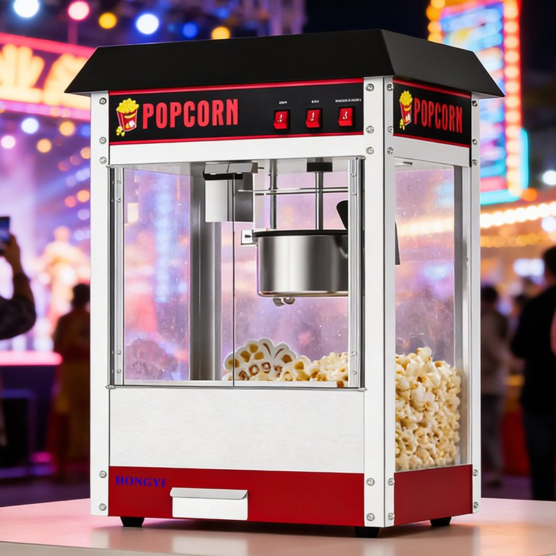 Stainless Steel Black Countertop Commercial Popcorn Machine, Suitable for Movie Theaters.
