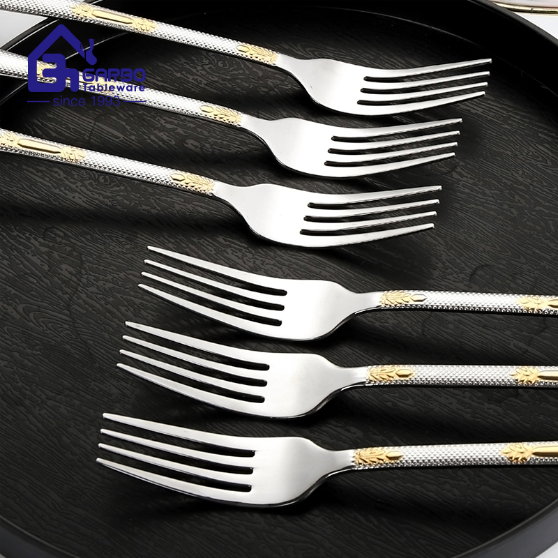 Stainless Steel Fork with Engraved Gold Handle Dinnerware Forks Table Kitchen Flatware Set Cutlery