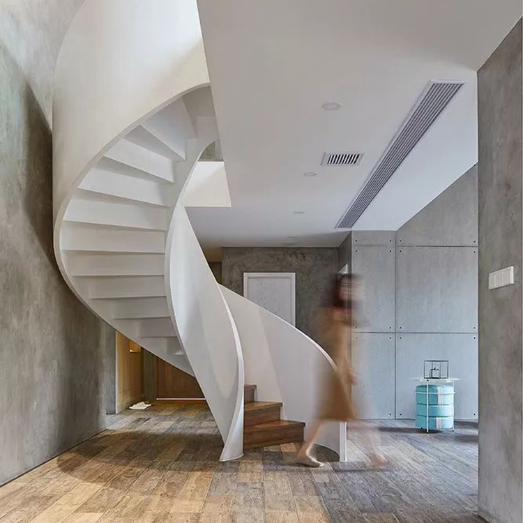Ace Foshan Factory Luxury Customized Steel Spiral Staircase Indoor Solid White Oak 4' Thick Curved Glass Staircase