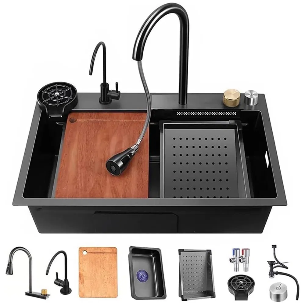 Factory Customised 304 Stainless Steel Single Kitchen Sink with Waterfall Faucet Regular Style Wire Drawing Gold Flying Rain Sink