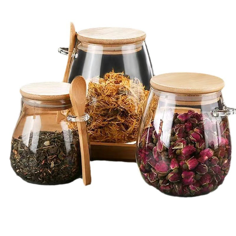 Airtight Spice Glass Food Storage Jar with Spoon Bamboo Wooden Lid