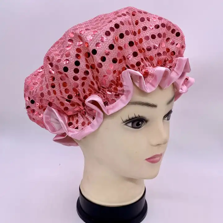 China Factory High Quality Waterproof Shower Caps Double Layer Sequin Shower Cap