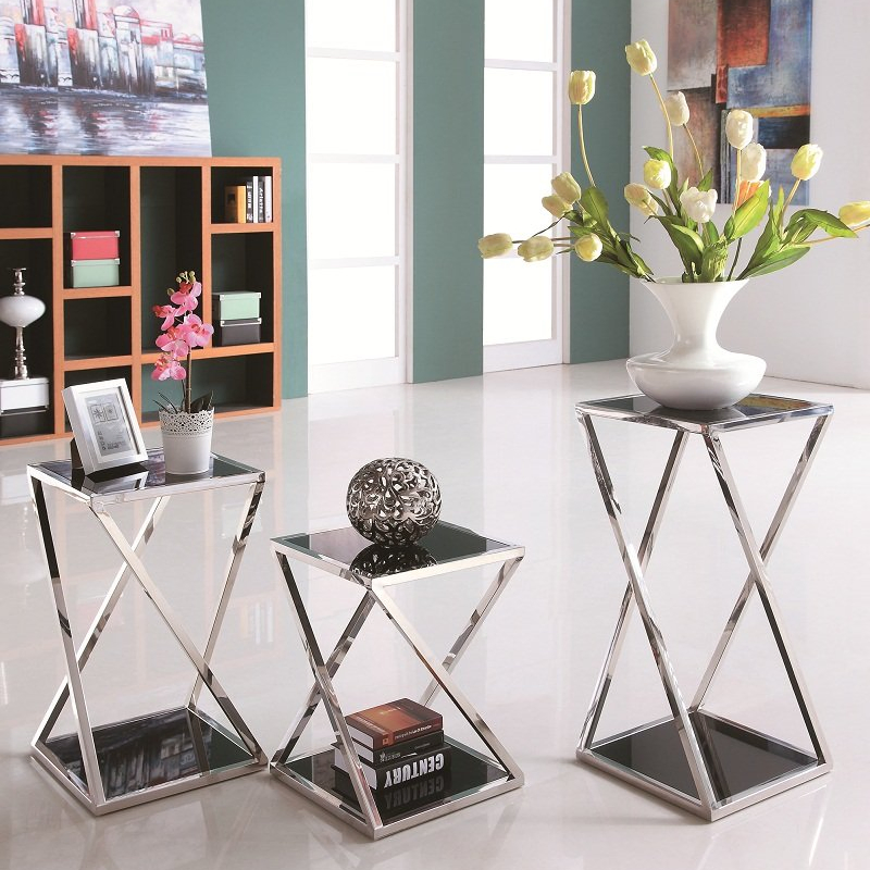 Simple Sunlink 3 Pieces Square Display Glass Flower Stand Stainless Steel Side Table Set