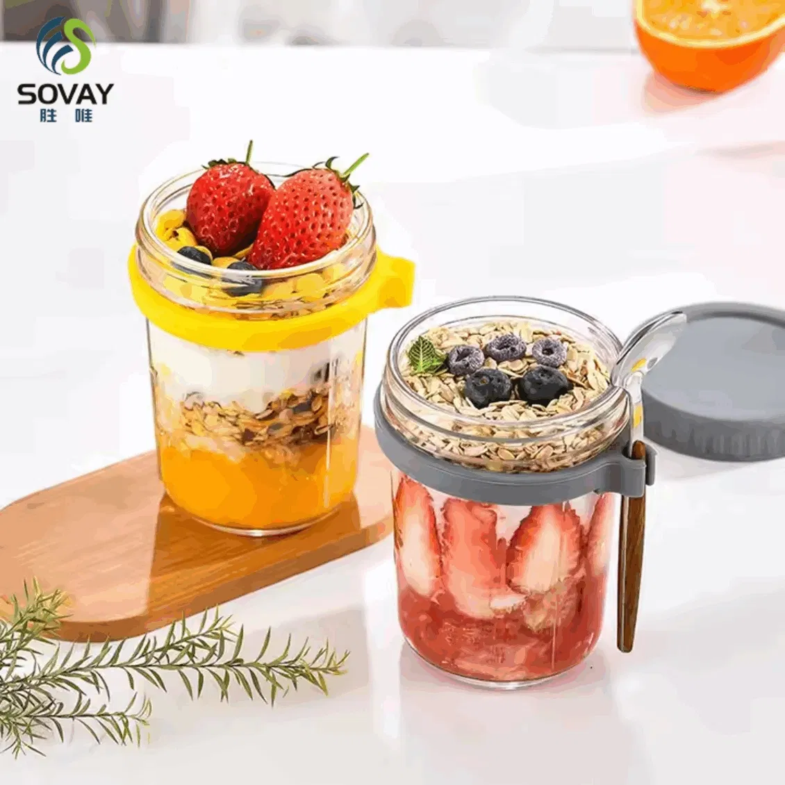 Wide Mouth Overnight Oats Container Mason Jar 10 Oz Glass Breakfast Cup with Spoon for School Travel Milk Fruit Salad