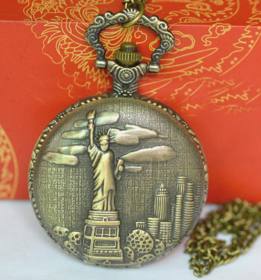 Statue of Liberty Bronze Vintage Embossed Men Women Antique Model Tuo Table Pocket Watch
