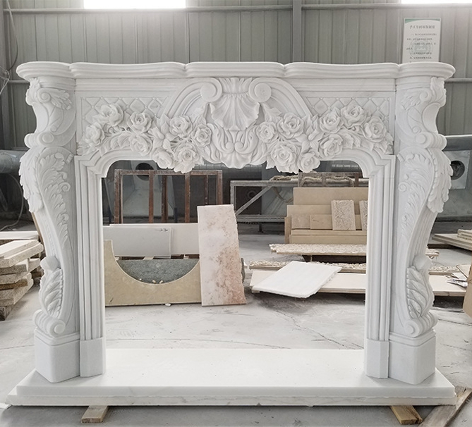 Hand Carved Natural Stone White Luxry Flower Marble Fireplace Surround Mantel