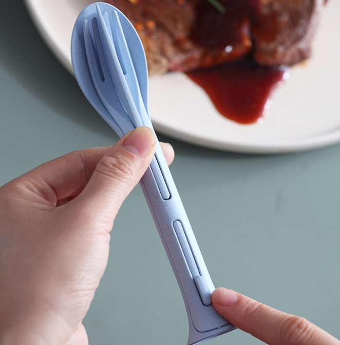 New Portable Travel Plastic Wheat Material Spoon Fork and Knife Set Cutlery Set Custom Gift Logo