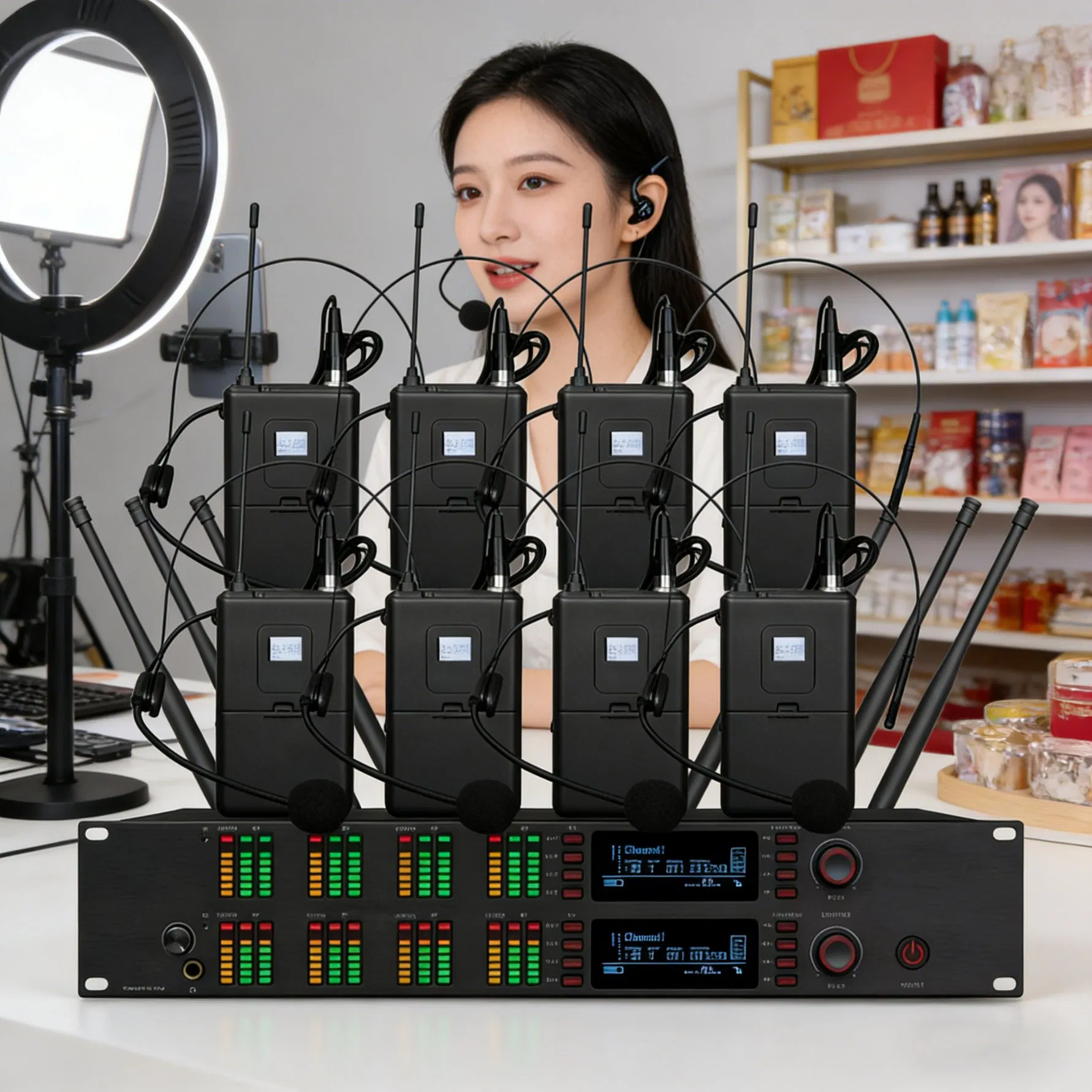 Professional 8-Channel UHF Wireless Microphone System with 8 Bodypack Transmitters and Headset Mics for Stage, Conference, and Church