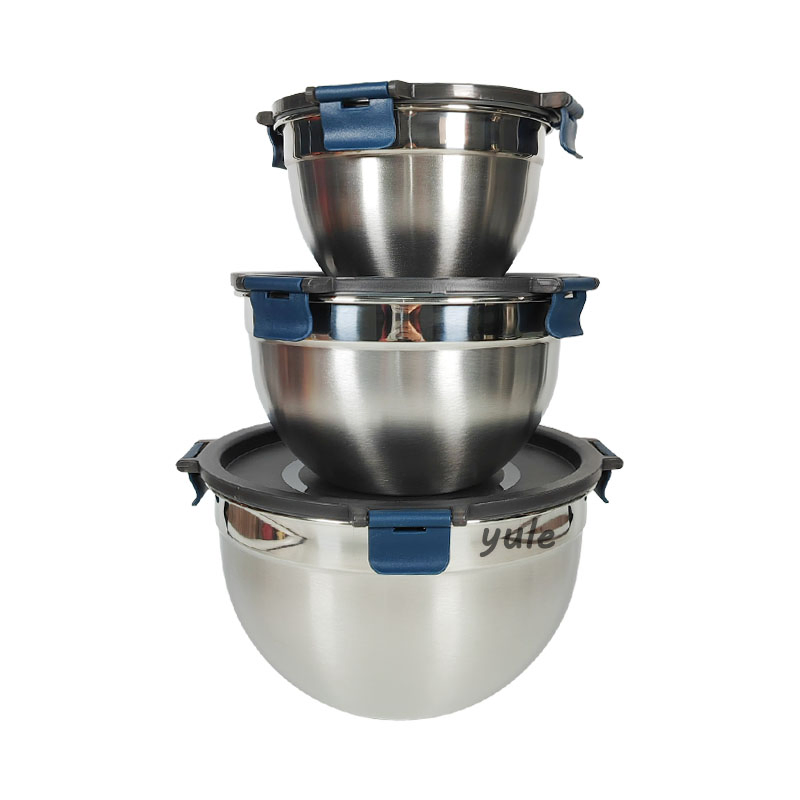 Chaozhou Factory Kitchenware Non-Slip Stainless Steel Salad Bowl Mixing Bowls with Seal Lid