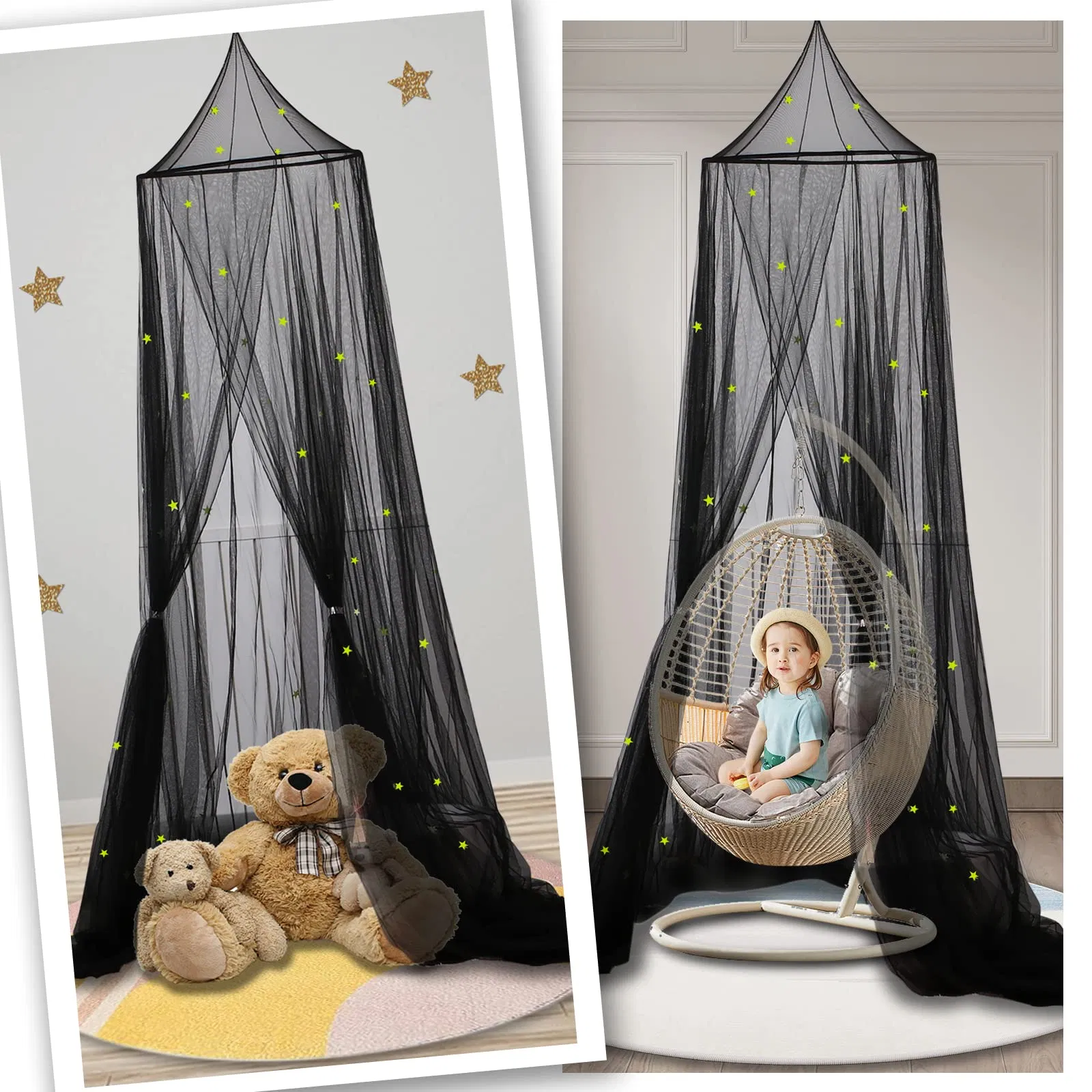 Glowing Stars Bed Canopy Girls Beige Princess Bed Curtains Mosquito Net