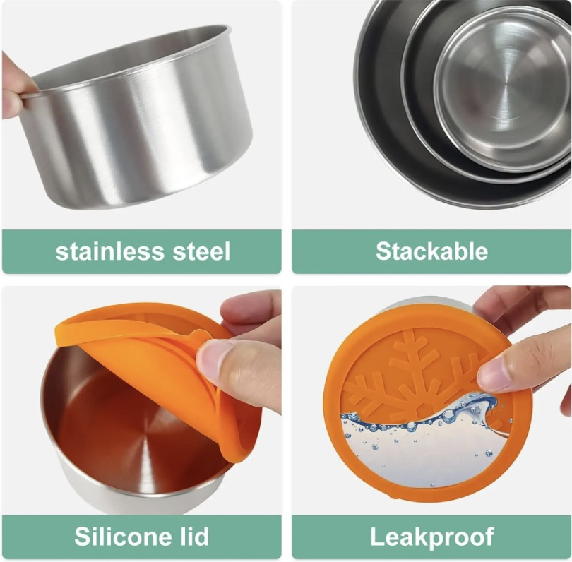 Stainless Steel Lidded Food Containers Set of 3 for Spices, Snacks & Kids Meals