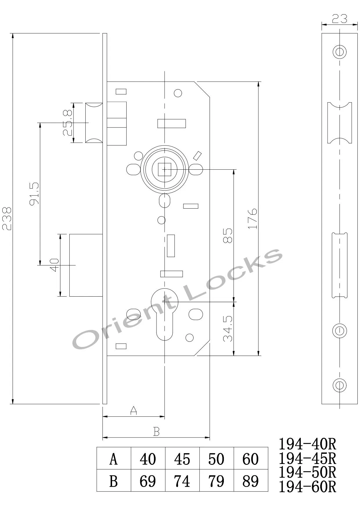 Mortise Door Lock 194 Series with Cylinder Hole