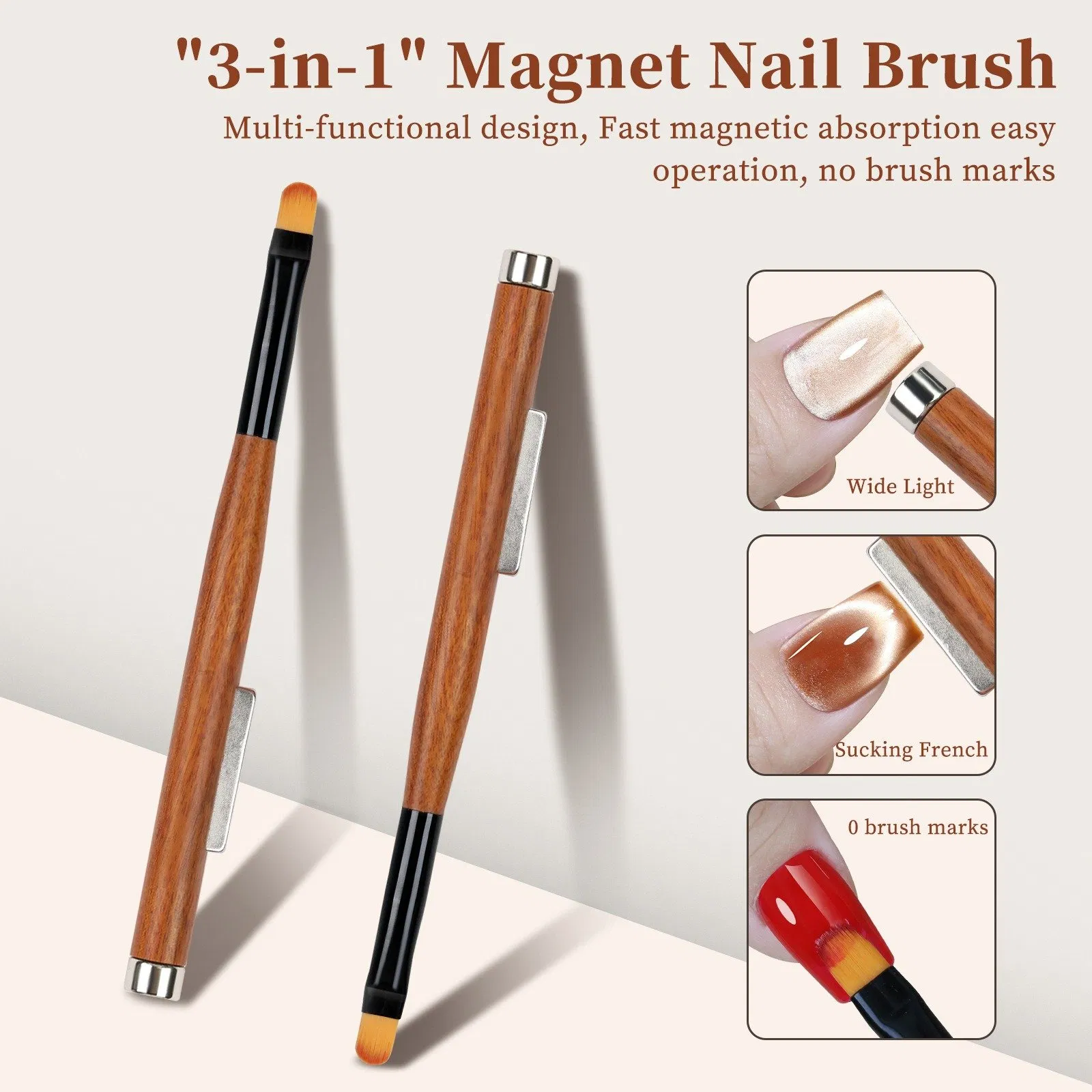 New 3 in 1 Strong Magnet Nail Brush Sandalwood Dual Head Ultra Thin Phototherapy Pen Multi-Function Cat Eye Magnet Nail Art Tools
