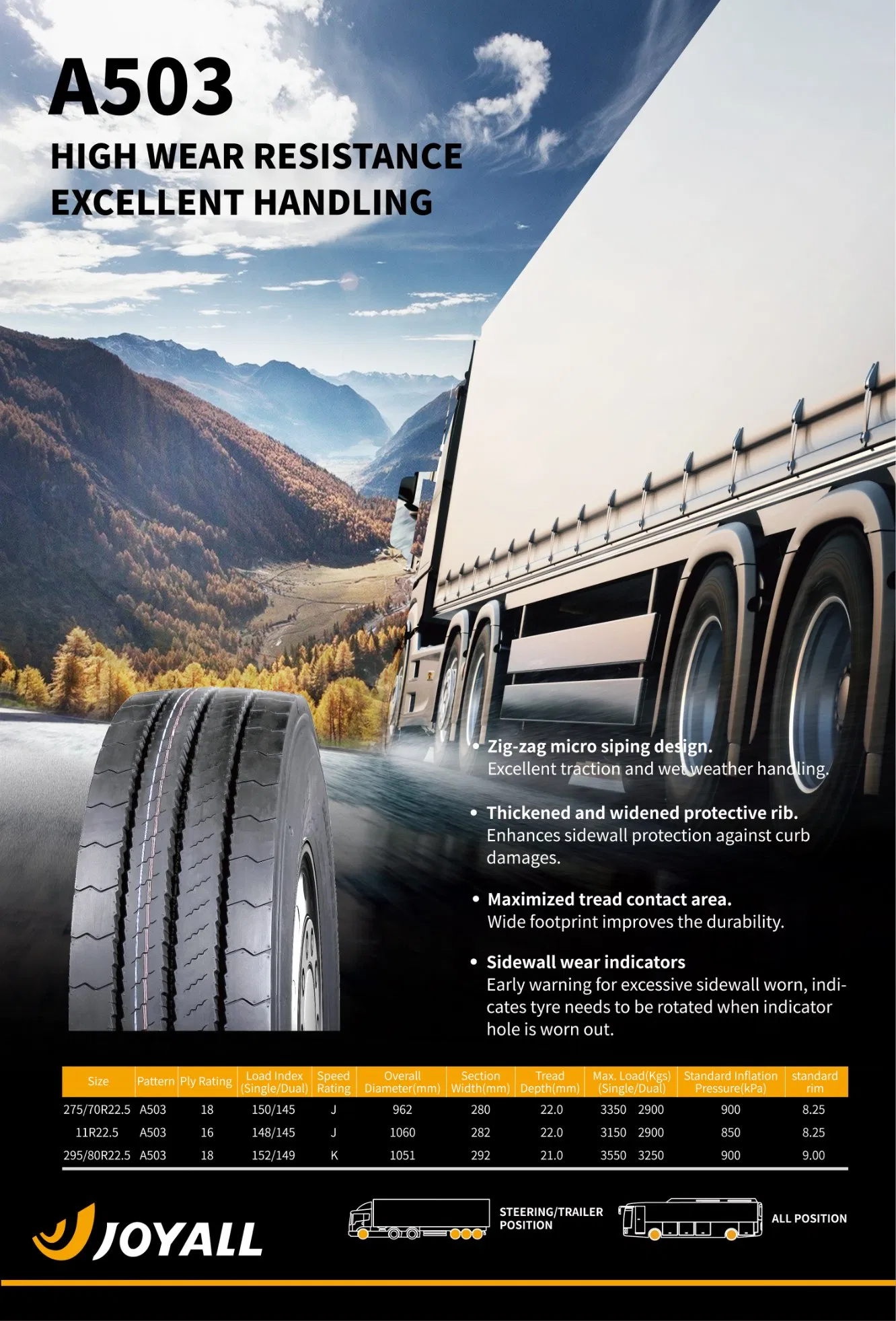 Joyall A503 275/70R22.5 Truck Tire for Bus Steer Trailer