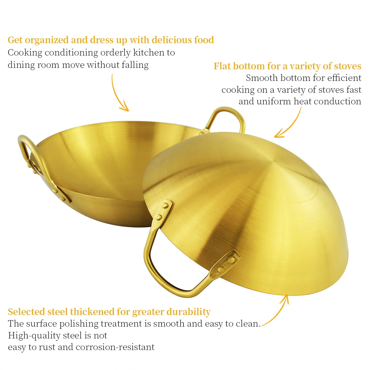 Thickened Stainless Steel Round Bottom Double Rivet Two Ear Dry Pan