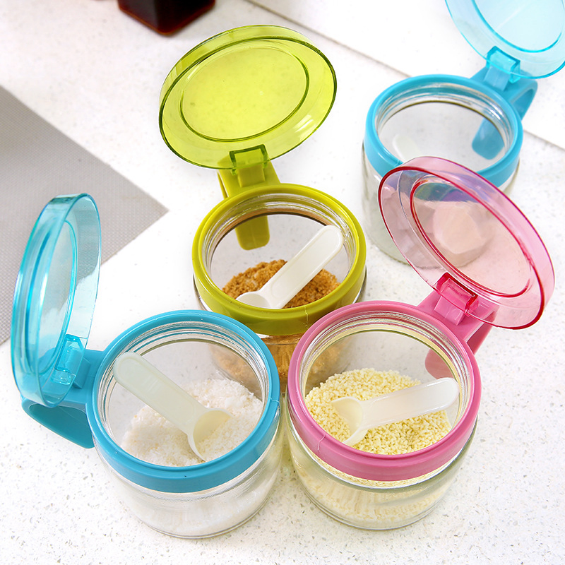 Hot Sales 350ml Kitchen Blue Plastic Cover Free Glass Bottle with Spoon