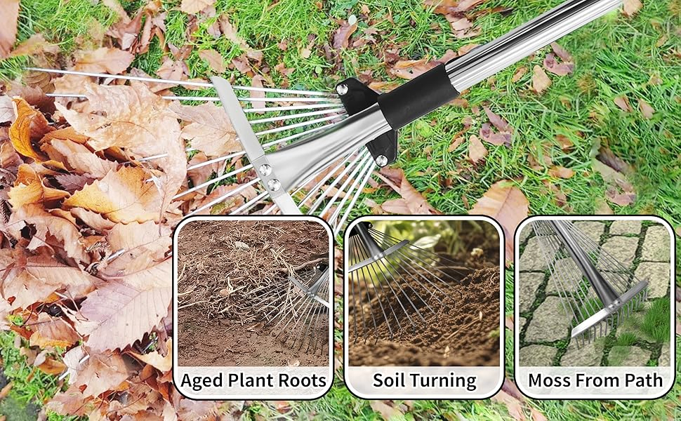 Adjustable Metal-Leaf Rake with Telescopic Handle - Lawn & Garden Tool for Grass & Leaves