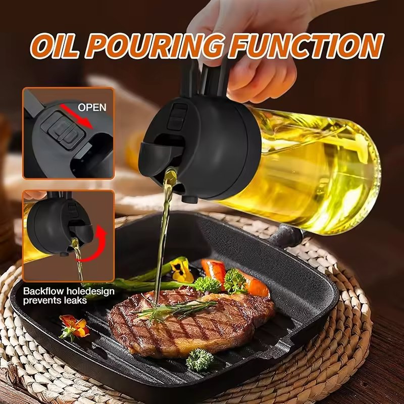Premium 2-in-1 Round Glass Oil Spray Bottle Kitchen Cooking Mist Dispenser Bottle with Silicone Brush for Olive Oil Serving