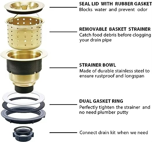 3-1/2 Inch Gold Kitchen Sink Drain Strainer with Removable Deep Basket & Water Stopper Sealing Lid