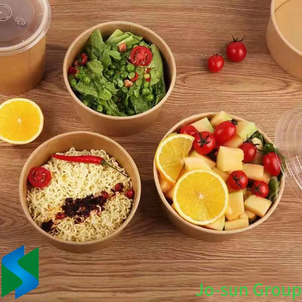 Jo-Sun Wholesale Disposable Round Paper Cup Heatable Kraft Waterproof Custom Print Logo Paper Salad Bowl with PE Lid