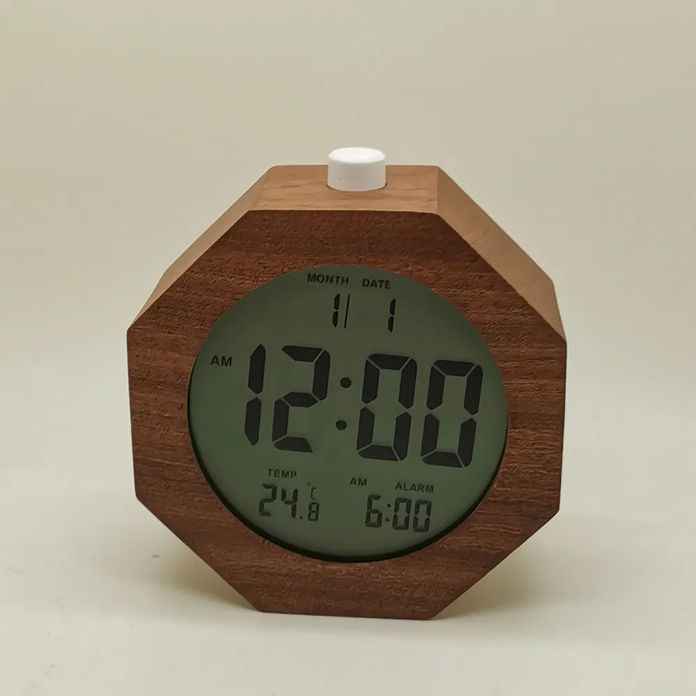 Octagon Shape Solid Wooden LCD Alarm Temperature Clock