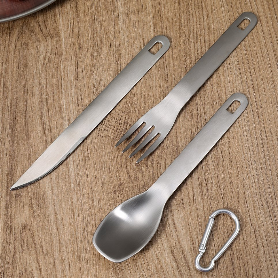Portable 304 Stainless Steel Outdoor Cutlery Set with Carabiner Clip