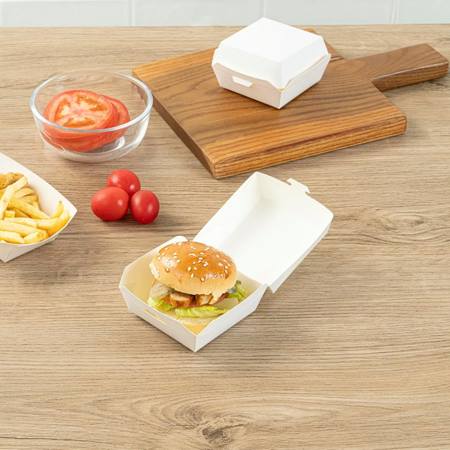 Disposable Fast Food White Kraft Paper Burger Box, Takeaway Food Box