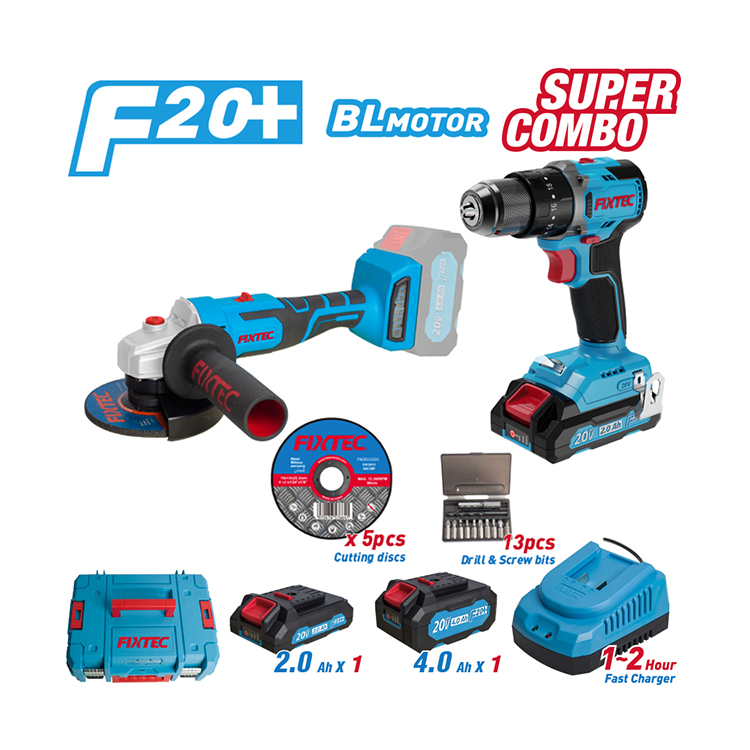 Fixtec 20V Multiple Power Tools Kit Power Drill Angle Grinder Impact Wrench Cordless Brushless Combo Kit