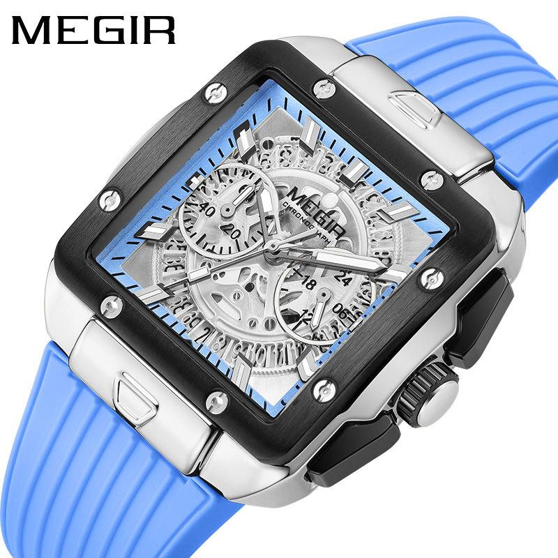 Megir 2228g New Square Men's Silicone Strap Multi-Functional Timing Sports Quartz Watch