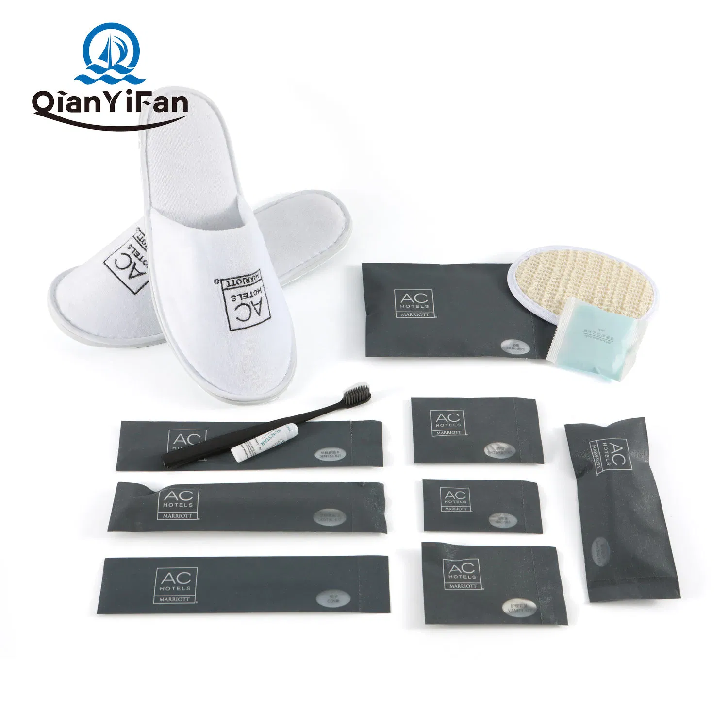 Complete Hotel Guest Room Toiletries Set with Slippers, Toothbrush, Custom Logo, Bath Vanity Kits for SPA, Resort, and Airline Travel