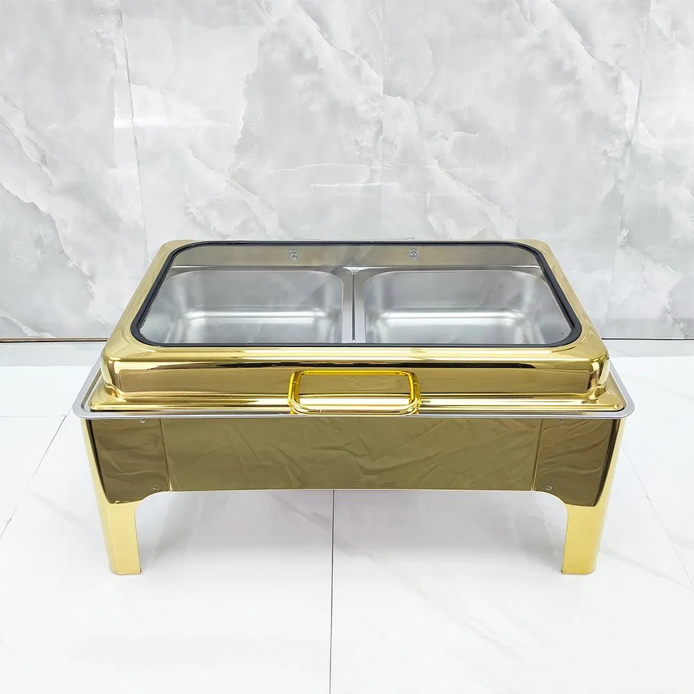 Luxury 9L Gold Stainless Steel Fuel Buffet Stove Food Warmer Chafing Dish for Wedding Buffet Server Gas-Powered Serving Food
