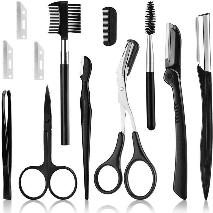 Premium Stainless Steel Folding 12PCS Black Eyebrow Razor Trimmer Tweezers Kit