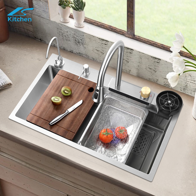Modern Multifunctional Undermount Sink 304 Stainless Steel Smart Waterfall Kitchen Sink with Faucets