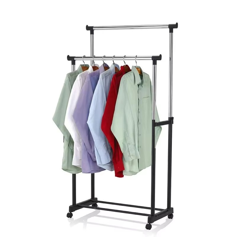 Simple Trending Double Rail Clothing Garment Rack Clothes Organizer with Wheels Freestanding Garment Rack