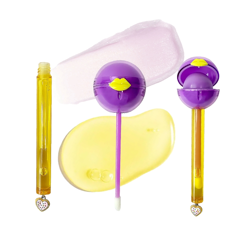 Private Label Double Protection Vertical Lip Lines Application Method 2-in-1 Transparent Purple Texture Lipstick Ball & Lip Gloss
